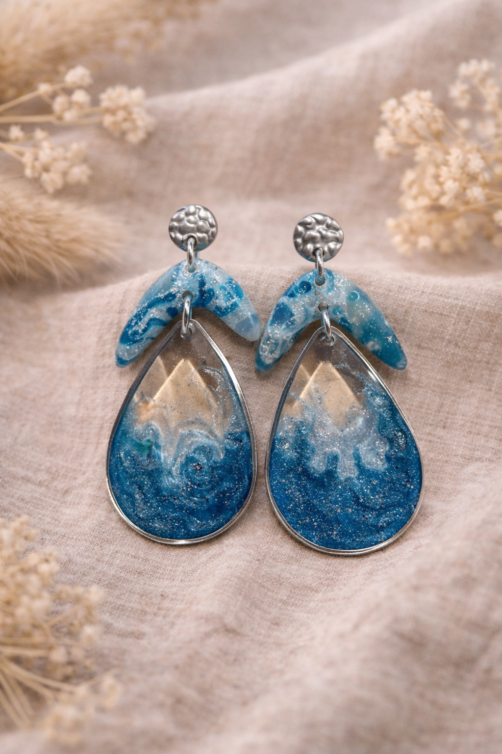 Boucles d’oreilles « Boho Goutte », bleu/argenté