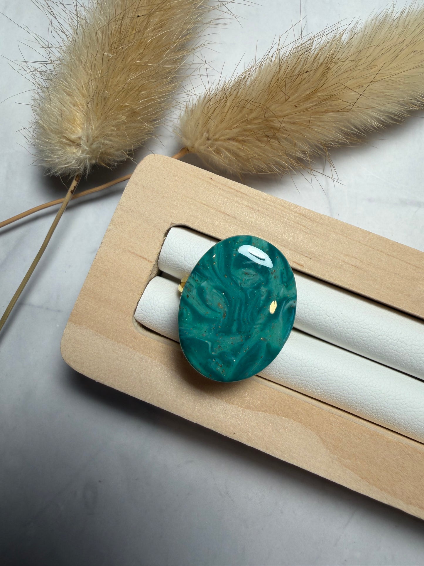 Bague « Ovale » mini, marbré turquoise/doré