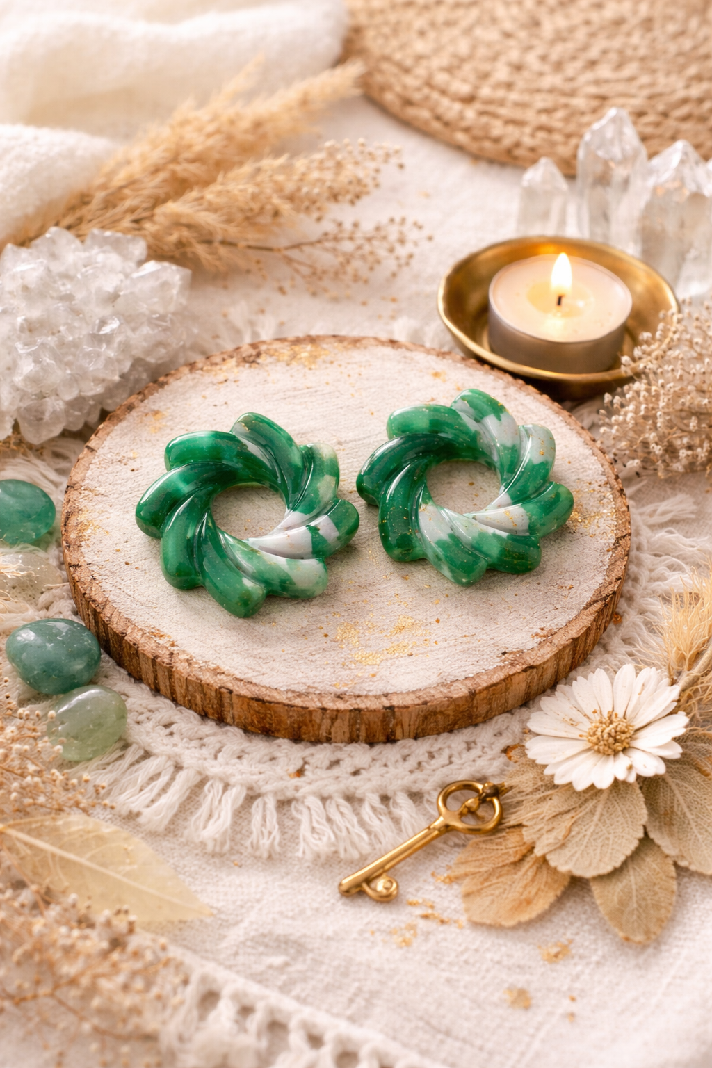 Pampilles "Ondine", marbré blanc/vert/doré