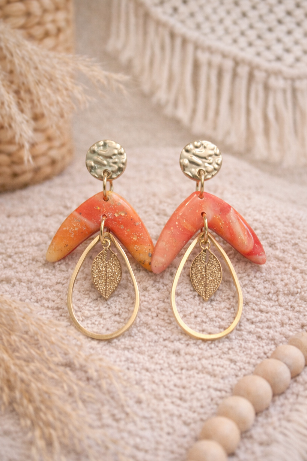 Boucles d'oreilles "Boho", marbré melon/doré