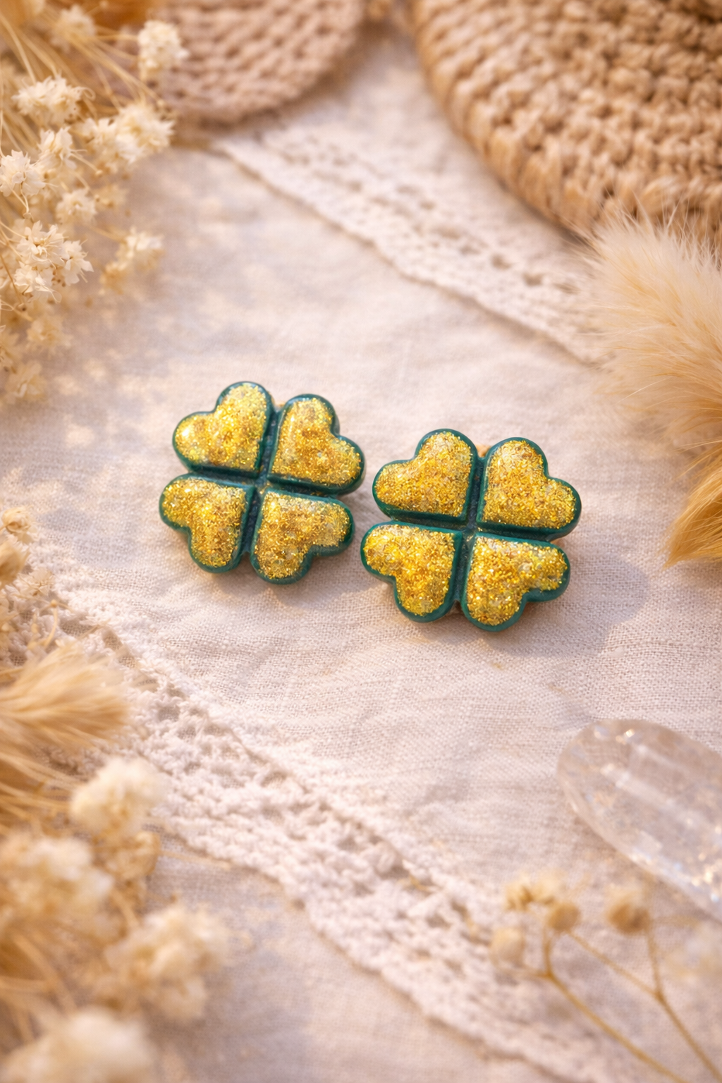 Boucles d’oreilles « Trèfle » doré/vert