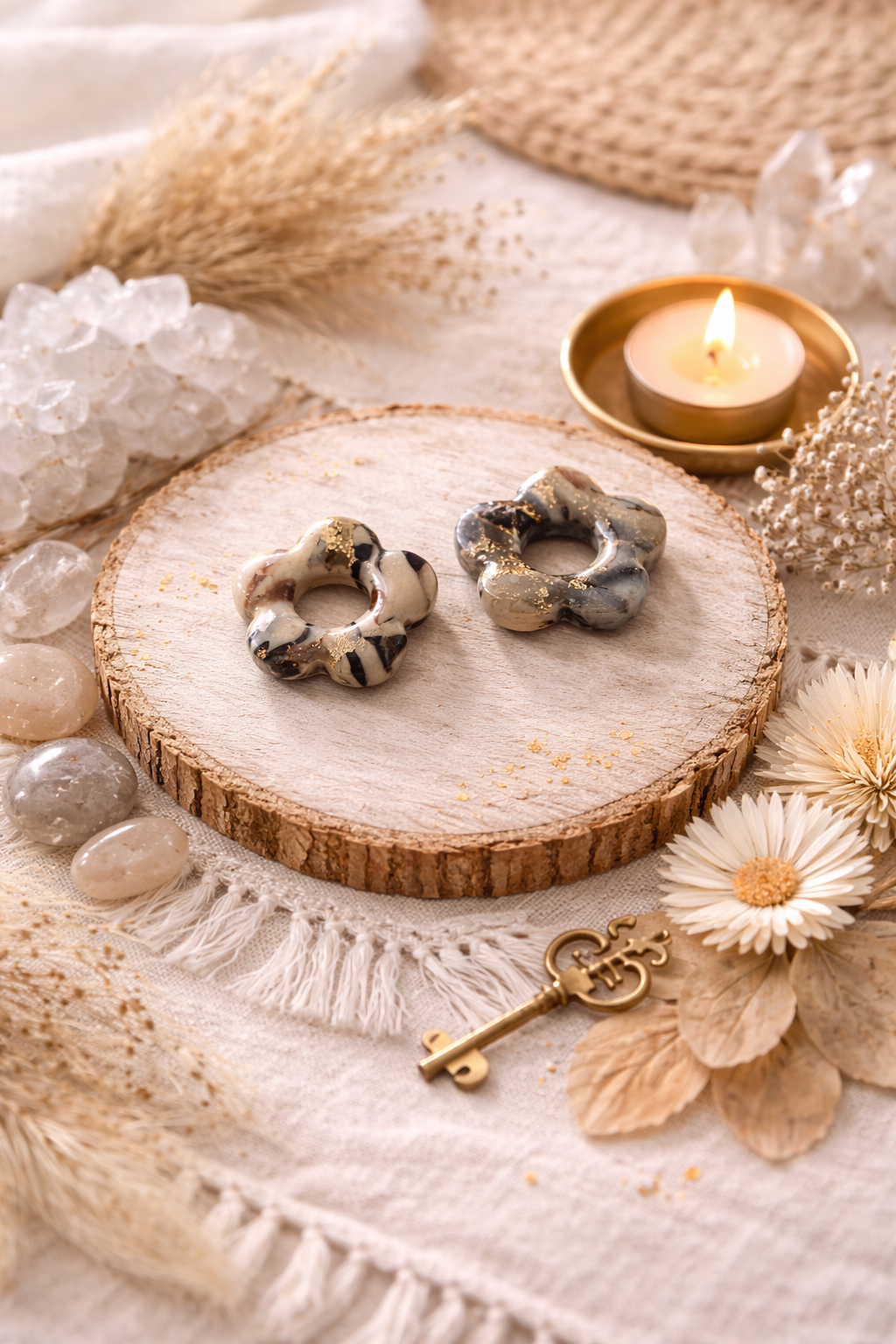 Pampilles "Flora" S, marbré beige/noir/doré