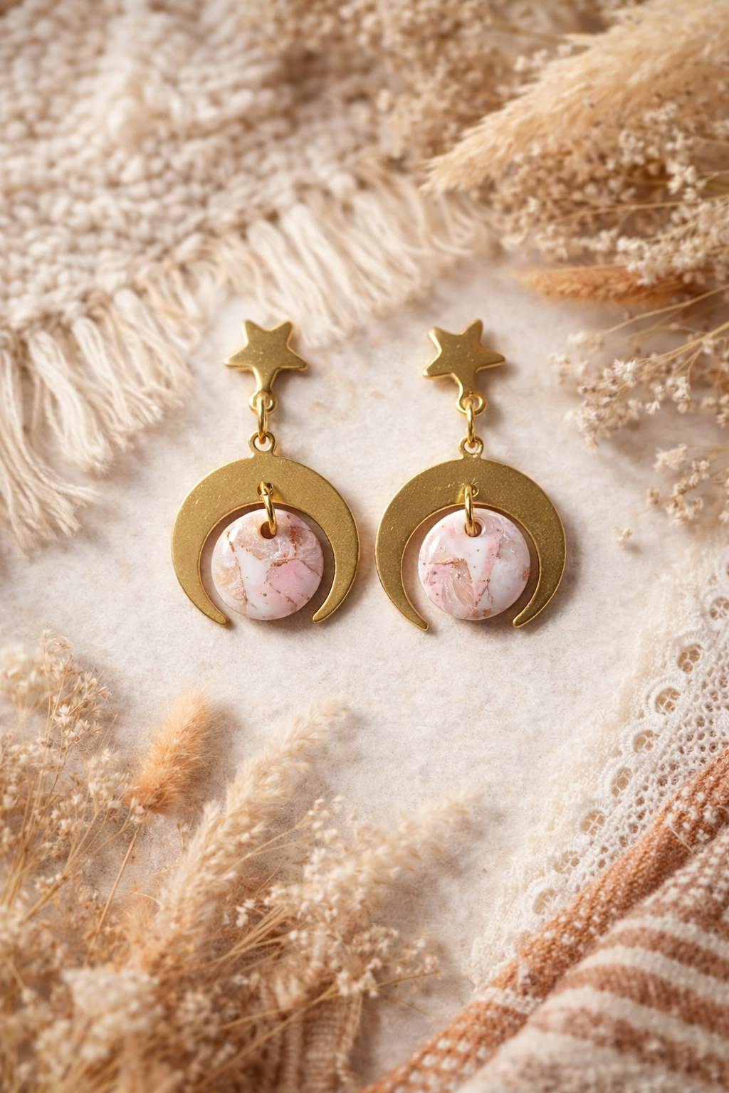 Boucles d’oreilles « Astral », marbré rose/doré