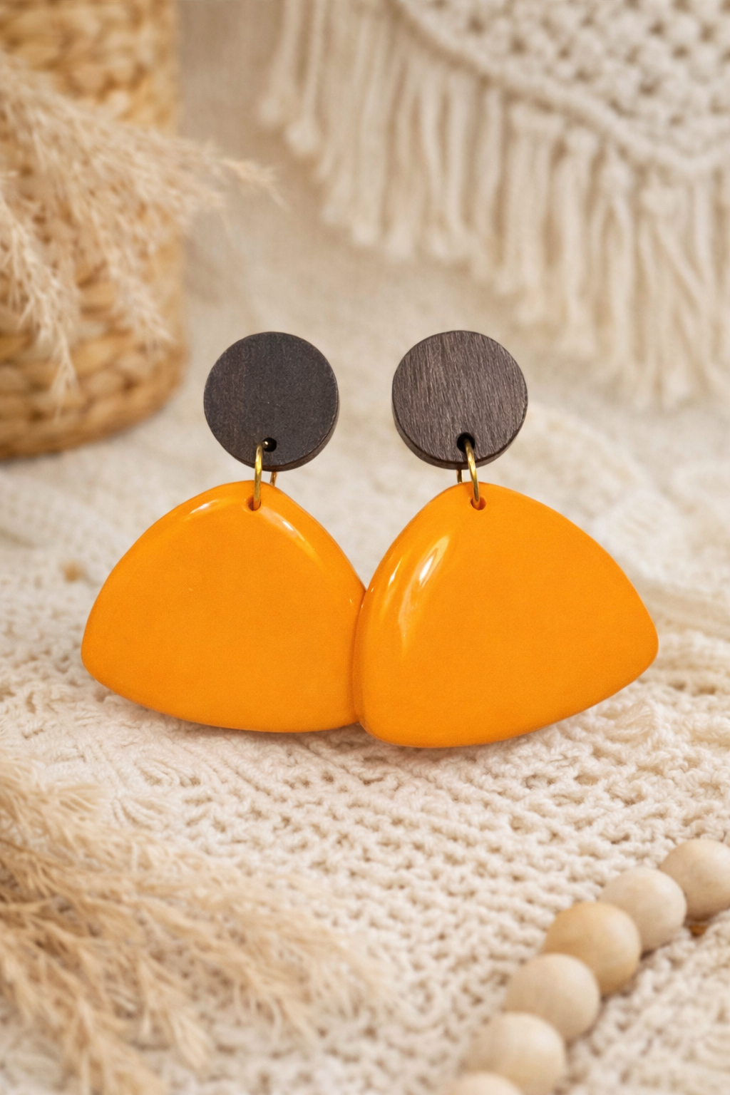 Boucles d'oreilles " Galet", melon/bois