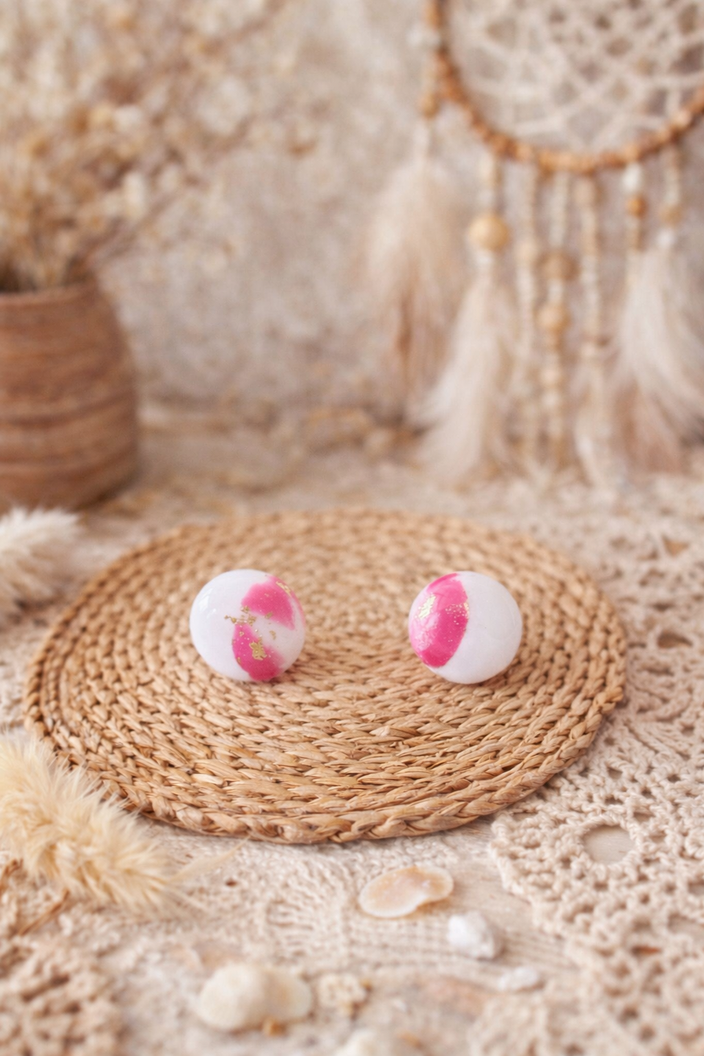 Boucles d’oreilles « Puce » marbré rose/blanc/doré