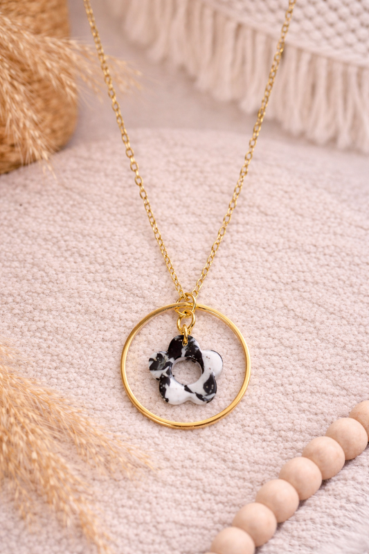 Collier "Flora", marbré noir/blanc/doré