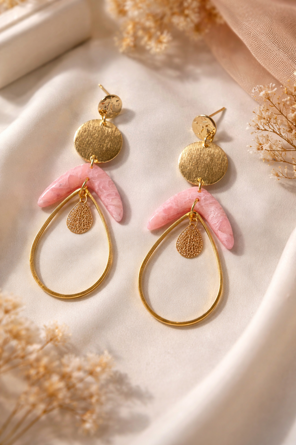 Boucles d’oreilles « Boho Goutte » rose/doré