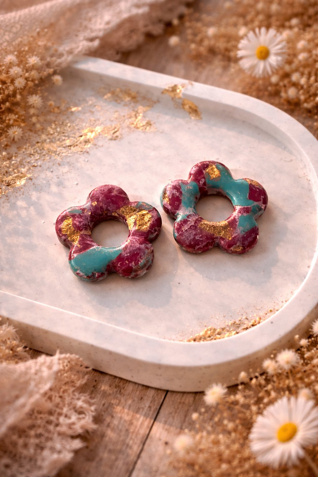 Pampilles "Flora" M, marbré mauve/turquoise/doré