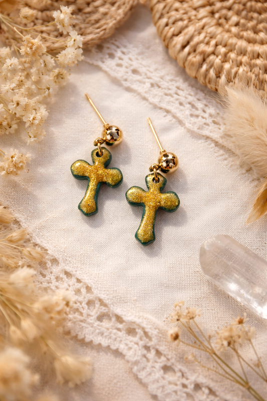 Boucles d’oreilles « Mini Croix » vert/doré