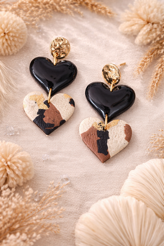 Boucles d’oreilles « Léopard » duo cœur noir
