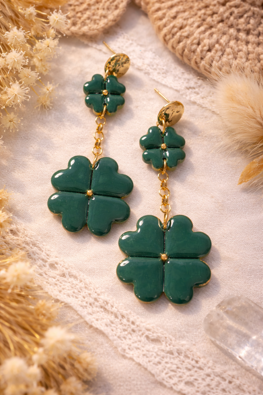 Boucles d’oreilles « Duo Trèfle » vert/doré