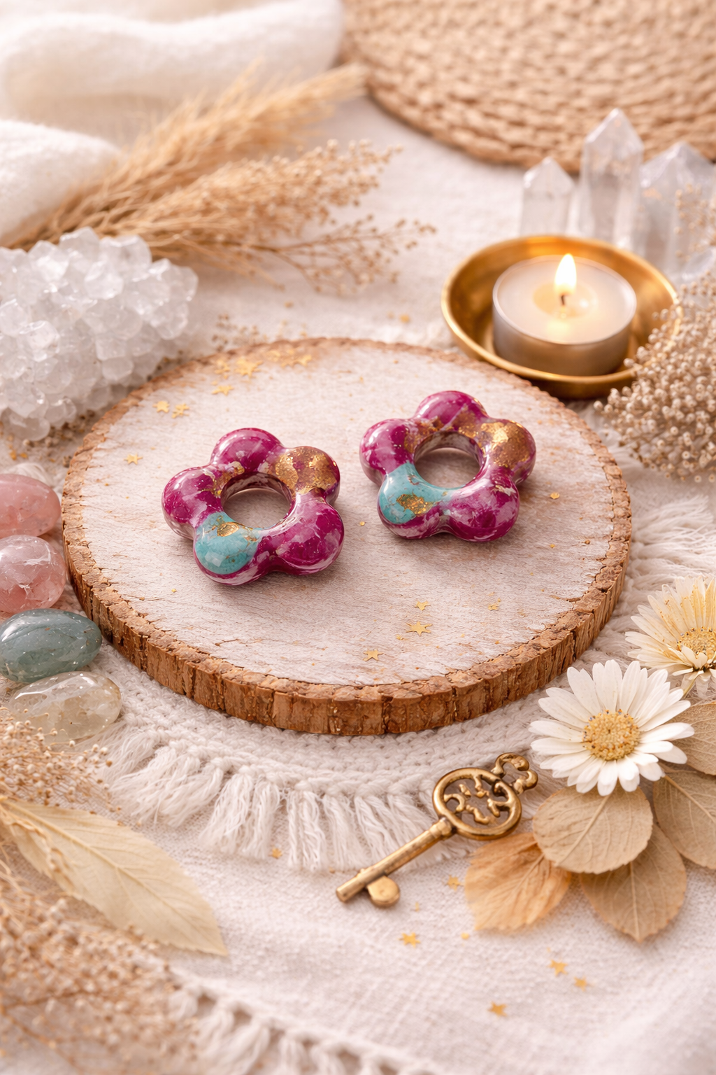 Pampilles "Flora" S, marbré rose/turquoise/doré