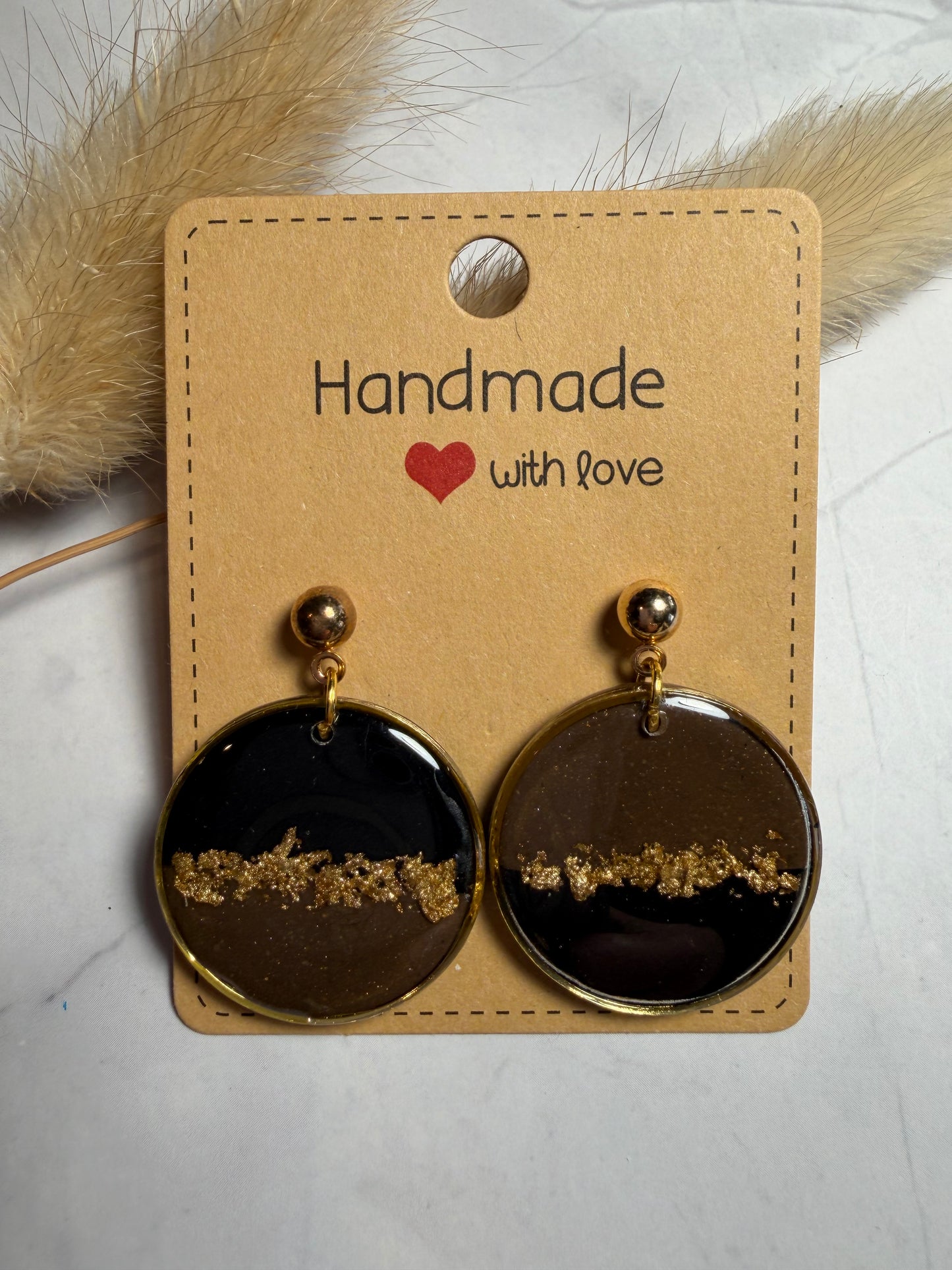 Boucles d’oreilles asymétriques « Ronde », noir, marron et doré