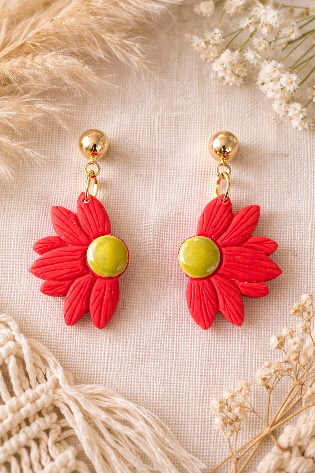 Boucles d’oreilles « Demi-Fleur », rouge/doré