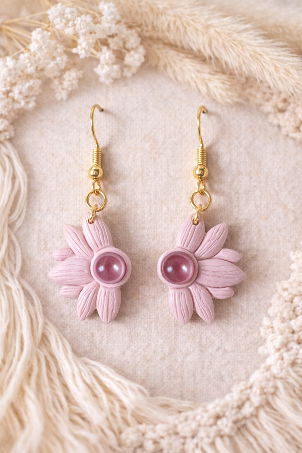 Boucles d’oreilles « Demi-Fleur » vieux rose/bordeaux (doré)
