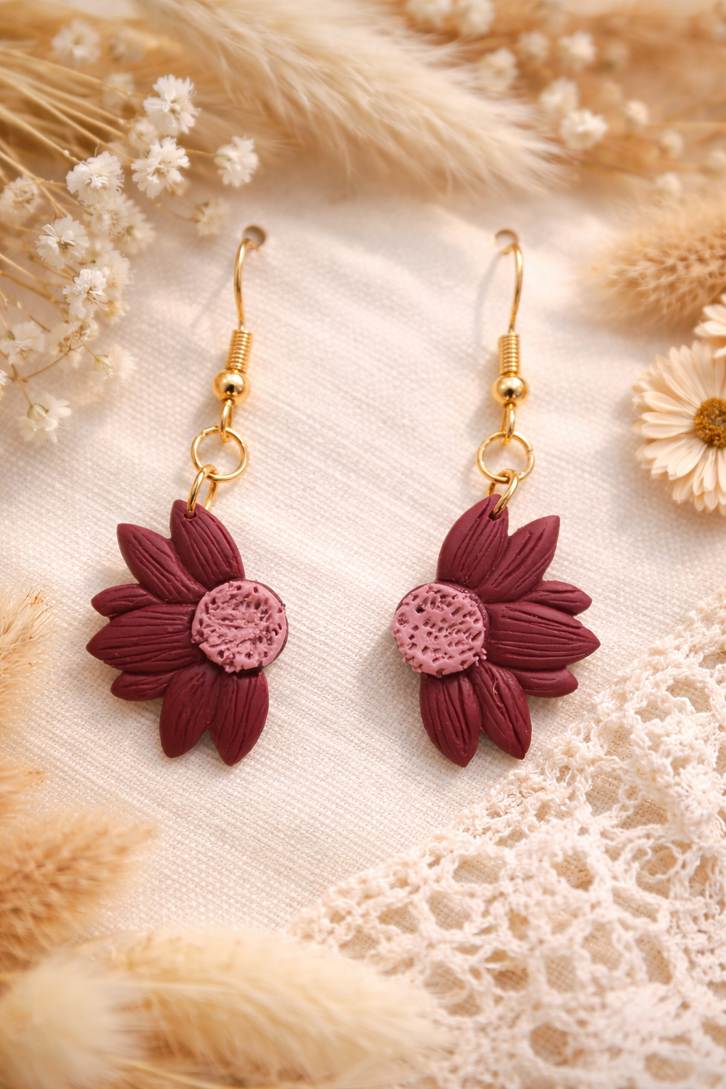 Boucles d’oreilles « Demi-Fleur » bordeaux/vieux rose (doré)
