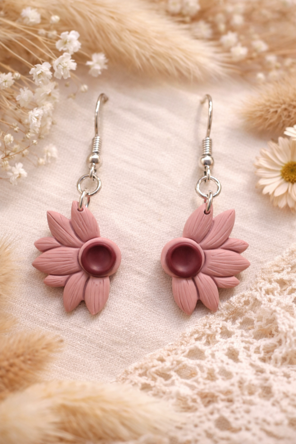Boucles d’oreilles « Demi-Fleur » vieux rose/bordeaux (argenté)