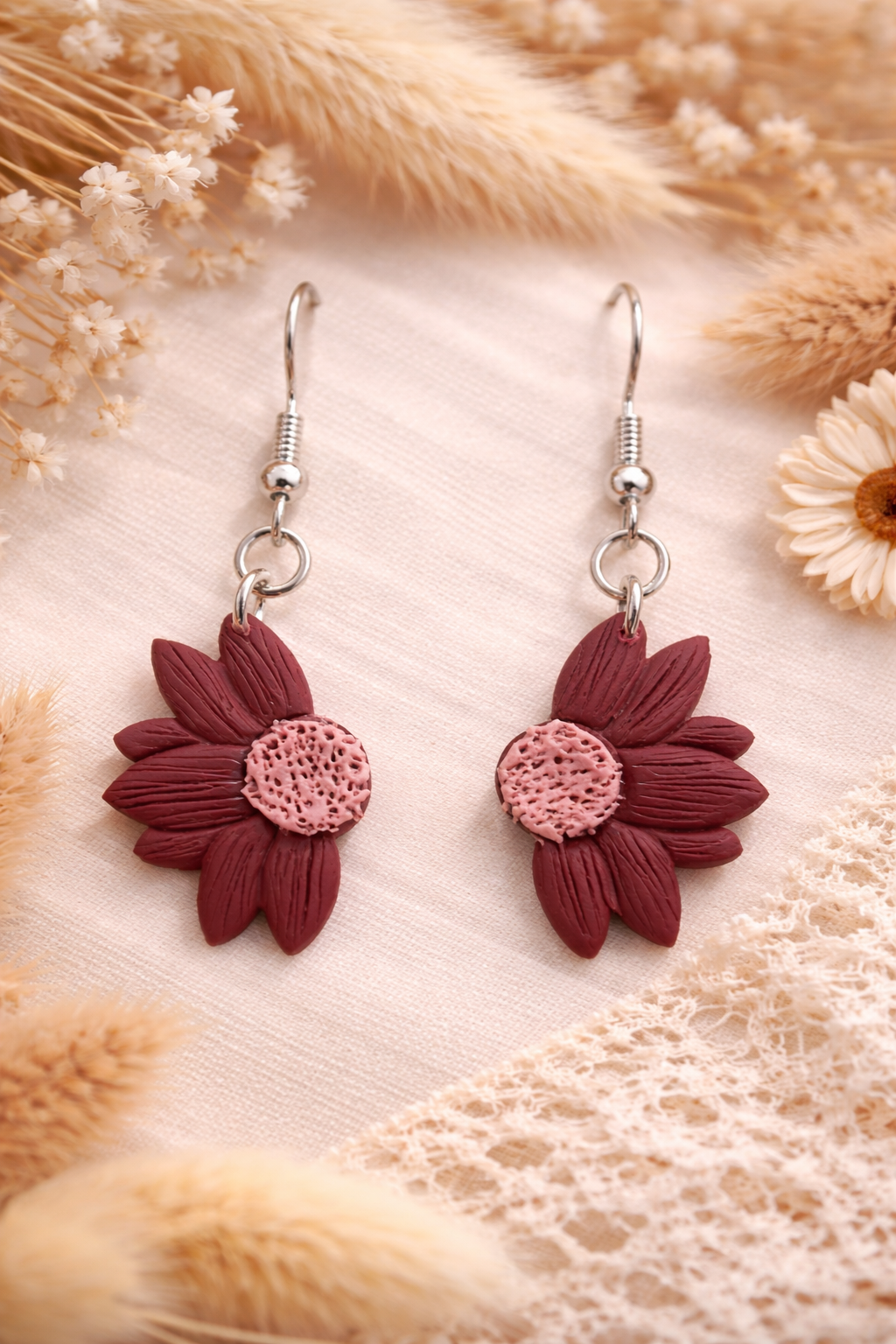 Boucles d’oreilles « Demi-Fleur » bordeaux/vieux rose (argenté)